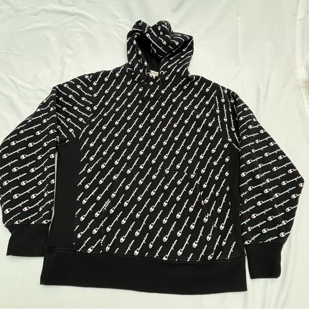Champion Black Hoodie with White Logo Pattern